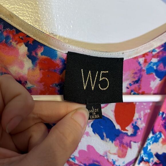 W5 Women’s Pink multicolor Floral Faux Wrap Short Sleeve Blouse Size large - Picture 4 of 5